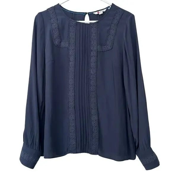 Boden Imi Jersey Trim Top long sleeve lace detail pleated boho bohemian navy 8 - Picture 1 of 11